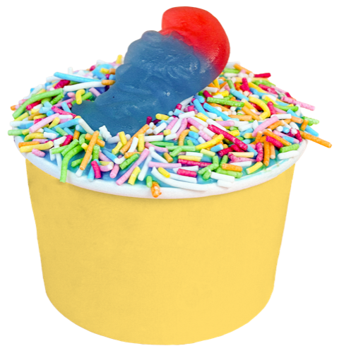 Schlumpf Dot Cake im gelben Becher mit hellblauer Creme, bunten Streuseln und Fruchtgummi-Schlumpf